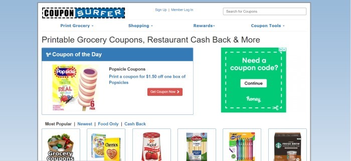 This screenshot of the home page for CouponSurfer has a pale blue background behind a white main section with several small product deal photos, including popsicles, Cheerios, Yoplait yogurt, and string cheese, along with a green and white text section inviting customers to get a coupon code.