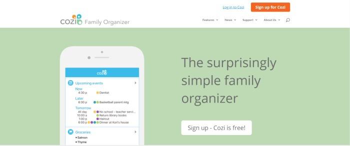 This screenshot of the home page for Cozi Family Organizer has a white header and navigation bar with an orange call to action button above a pale green section showing the cozi app opened on a cell phone next to black test announcing the simple family organizer, above a white call to action button.