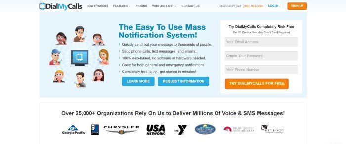 This screenshot of the home page for DialMyCalls has a light blue navigation bar and background with graphics depicting people using the service on the left side of the page, text in blue and black in the center of the page, and an opt-in window for the free trial on the right side of the page, along with two blue and two orange call to action buttons.