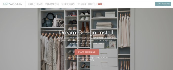 This screenshot of the home page for Easy Closets has a white navigation bar above a photo of a well-organized closet utilizing several white shelves, behind white text and a red call to action button.