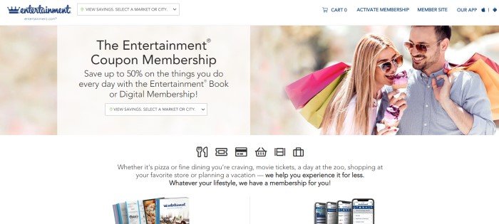 This screenshot of the home page for Entertainment Coupon Book has a white header, a photo of a smiling blonde woman and a dark-haired bearded man in sunglasses sharing a pink ice cream cone, as well as a beige text window with black text and a lower white section with black text, an image of coupon books on the left, and an image of coupon apps on mobile phones on the right.