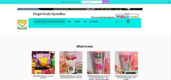 This screenshot of the home page for Forget Sushi Kyoto Box has an aqua opt-in bar, a white background, an aqua navigation bar, and a row of photos showing colorful products that are included in the boxes.