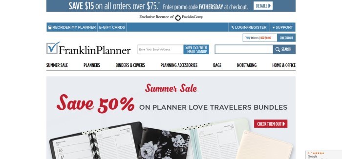 This screenshot of the home page for Franklin Planner has a blue and white header with white and black text above an overhead photo showing several types of open planners and organizers in black, aqua, and beige lying on a table, along with red and black text announcing a summer sale.