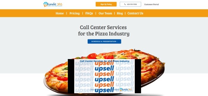 This screenshot of the home page for Kanect 360 has a white header with an orange call to action button, an orange navigation bar, and a pale gray main section with black text, a blue call to action button, and a photo of a pizza behind a YouTube video insert showing the word 'Upsell' in orange and blue.