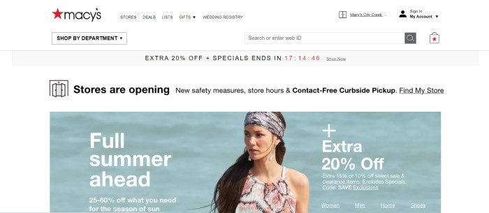 This screenshot of the home page for Macys has a white background and header with black text, a gray sales bar, and a photo of a brunette woman with a gray headscarf and pink and white printed dress standing in front of a body of water, along with white text announcing a summer sale.