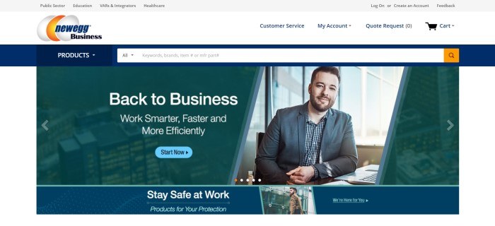 This screenshot of the home page for Newegg Business has a gray and white header and navigation bar above a dark blue search bar and a photo of a smiling bearded business man in an office setting sitting in front of a window, along with a dark filtered photo of a city scape with white text and a blue call to action button.