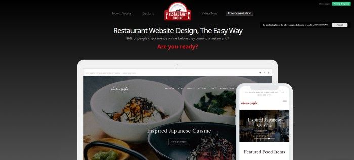 This screenshot of the home page for Restaurant Engine has a black background, a logo in red, white, and gray, text in white and red, and screen frames for a laptop and a mobile phone showing web home pages for a sushi restaurant.