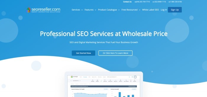 This screenshot of the home page for SEOReseller has a blue and white background, white text, a colorful logo, and two dark blue all to action buttons, as well as a graphic near the bottom of the page showing a mobile device with a chart from SEOReseller on the screen.