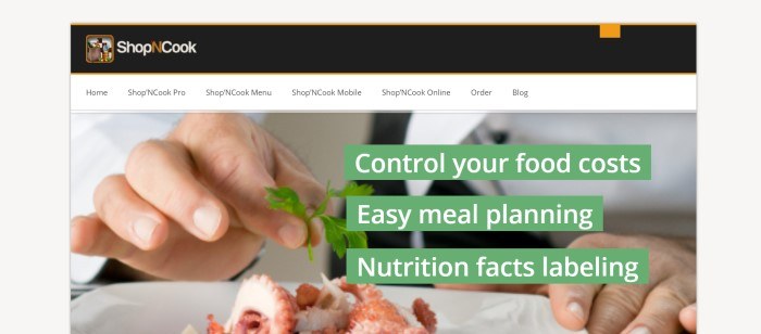 This screenshot of the home page for Shop'Ncook has a black header, a white navigation bar, and a large photo showing a man's hand holding a sprig of parsley above a plate of food, behind green highlighted white text announcing the app's ability to help control food costs, plan meals, and manage nutrition.