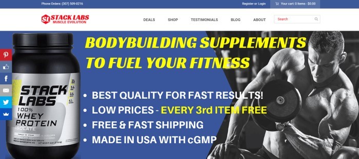 This screenshot of the home page for Stack Labs has a blue header, a white navigation bar with a red logo, and a photo showing a black bottle of protein powder over a blue background, along with a black and white photo of a man lifting weights, behind yellow and white text.