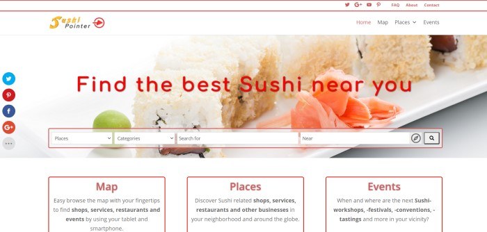 This screenshot of the home page for Sushi Pointer has a white background and navigation bar above a large photo showing Sushi with white rice and pink fish behind a search bar, above three text sections in a row with text in red and black.