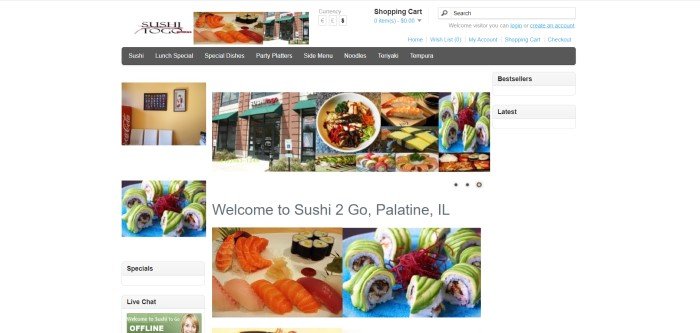 This screenshot of the home page for Sushi To Go has a white background, a search bar in the upper right corner, a gray navigation bar and white text, along with several small pictures of sushi and a photo of the storefront for Sushi To Go.