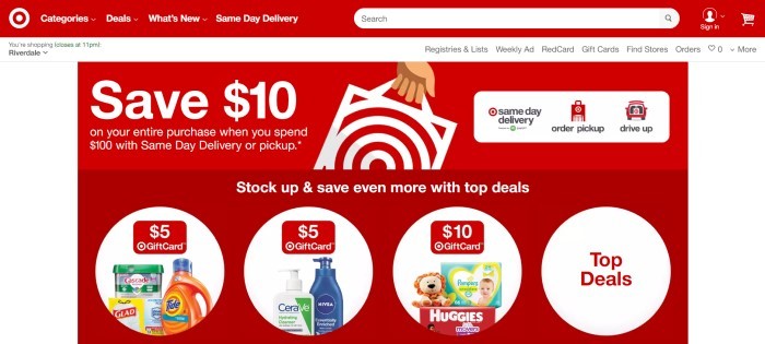 This screenshot of the home page for Target has a red and white header above a red and white main section announcing a  discount for people ordering 0 with same-day delivery.