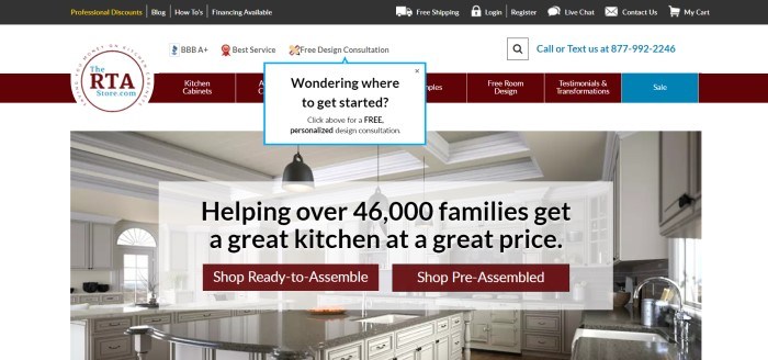 The RTA Store has a dark header with white text, a white background, a maroon navigation bar, and a photo of a kitchen with white cabinets, behind two maroon call-to-action buttons and a white text section with black lettering.