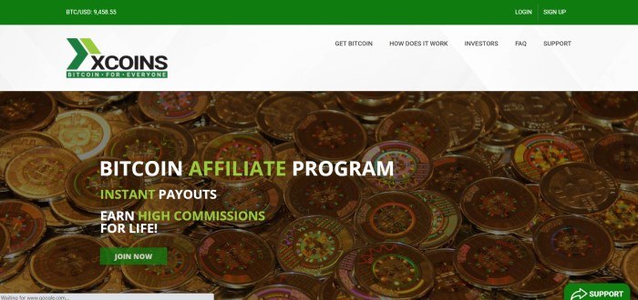 This screenshot of the home page for Xcoins has a green header, a white navigation bar, and a photo of gold coins behind white and green text and a green call to action button.