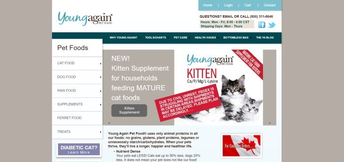 This screenshot for the home page of Young Again Pet Food has a gray background, a blue navigation bar in the upper right corner, a dark green navigation bar below a white header, and a main section with a white background, a white category list on the left side, a gray announcement section with white text in the center, and a white announcement section with a photo of two gray and white cats on the right side.