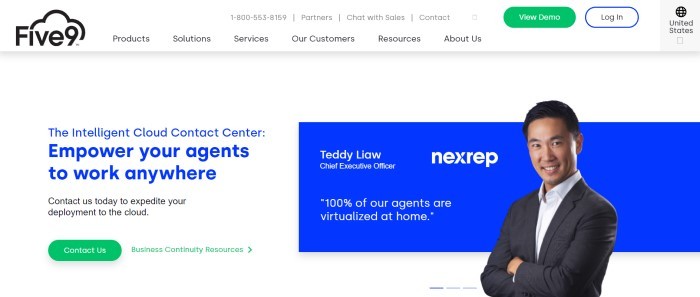 This screenshot of the home page for Five9 has a white navigation bar with a green call to action button above a light gray main section with blue and black text on the left side of the page, along with a green call to action button, and a blue section with white text and a photo of a smiling man in a business suit on the right side of the page.