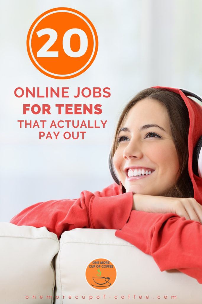 girl in read sweater with headphones on sitting on a couch, overlay text "20 Online Jobs For Teens That Actually Pay Out"