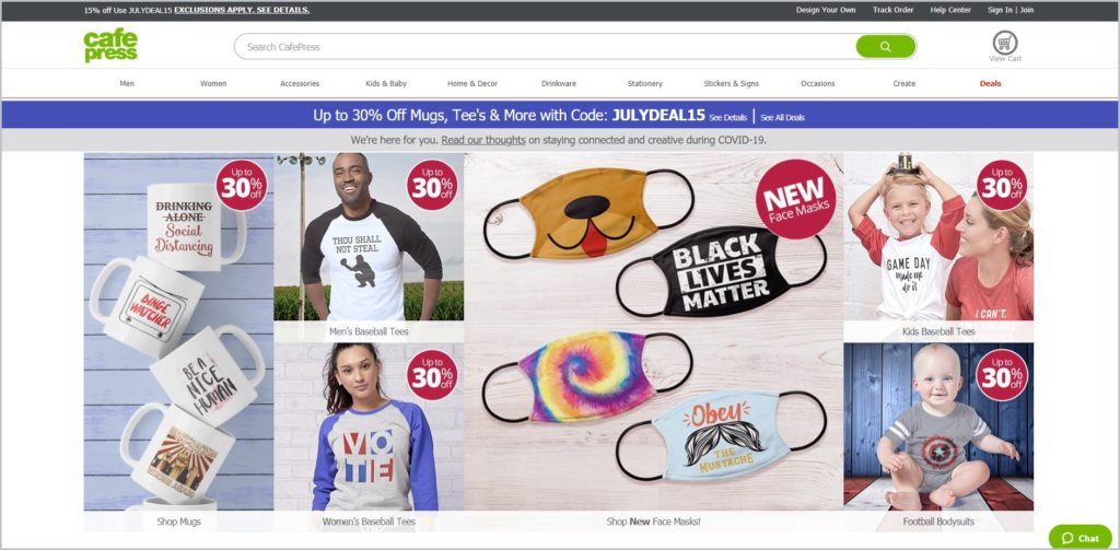 screenshot of CafePress web page