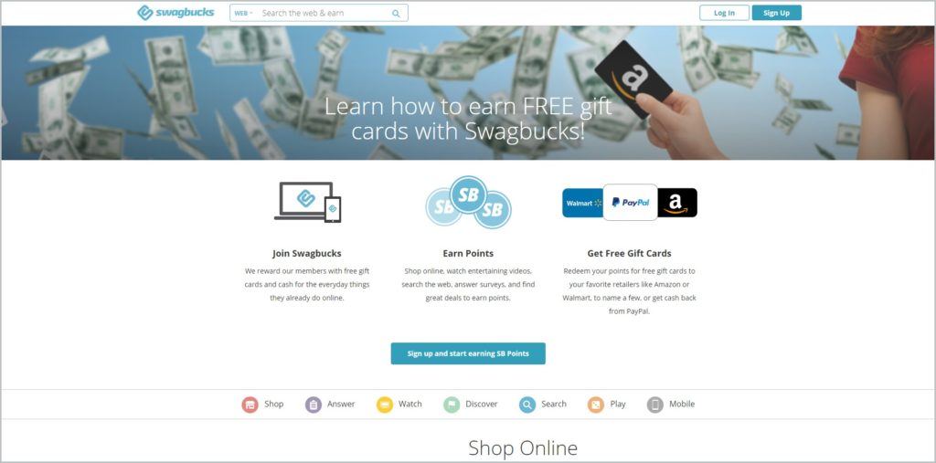 screenshot of Swagbucks web page