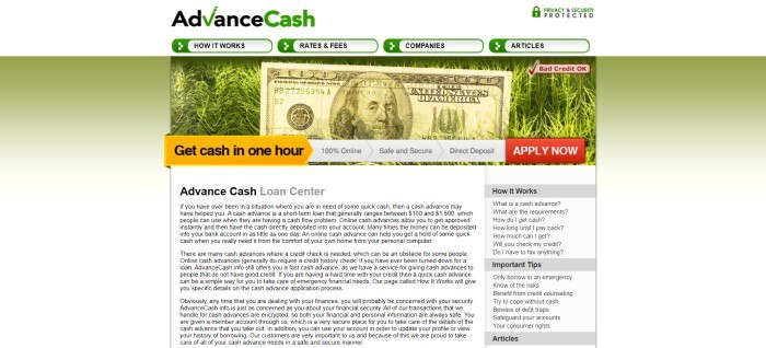 This screenshot of the home page for Advance Cash has a green and white background behind a white main text section with black lettering, beneath a header showing a 0 bill lying on green grass, with a white main header with text and navigation tabs in black, white, and green.