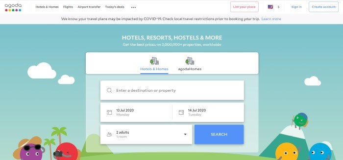 This screenshot of the home page for Agoda has a graphically designed background of a blue sky with white clouds above brightly colored dots standing on green grass with hats, cameras, and other tourist gear, behind a search box for booking lodging accommodations.