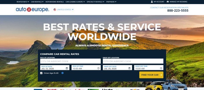 This screenshot of the home page for Auto Europe has a black navigation bar a white header, and a large photo of a pretty green landscape at sunset behind white text and a window for looking up car rental rates.