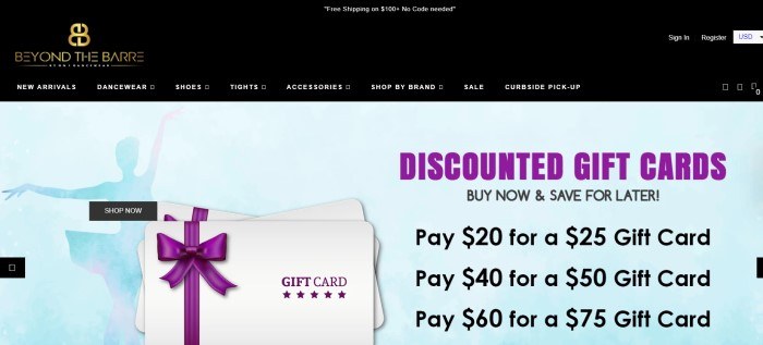 This screenshot of the home page for Beyond The Barre has a black header, a gold logo, white text in the navigation bar, and a light blue background in the main section with a graphic silhouette of a ballerina in blue, along with a stack of gift cards with purple bows on the left side of the page and text in purple and black announcing the gift cards on the right side of the page.