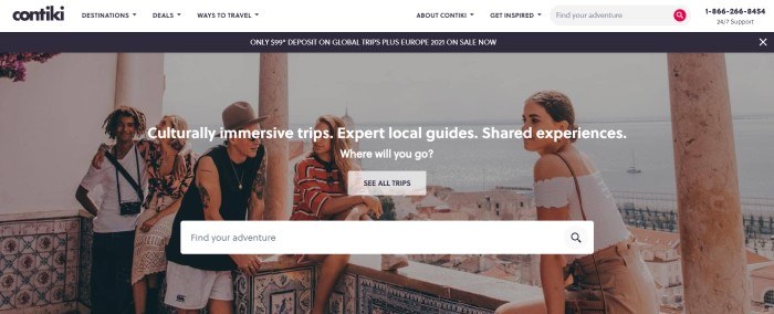 This screenshot of the home page for Contiki has a white navigation bar, a black sales bar, and a large photo showing a group of young travelers in a European city, behind a white search window and call to action button.