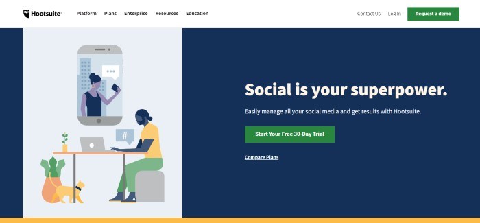 This screenshot of the home page for Hootsuite has a white navigation bar above a black main section with white text on the right side of the page and a white graphics section on the left side of the page depicting people using social media on mobile phones and laptops in gray, black, and yellow, as well as a green call to action button.