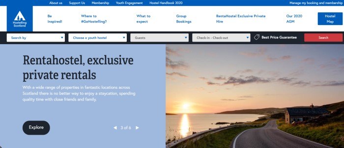 This screenshot of the home page for Hostelling Scotland has a blue and white header and navigation bar, a blue text section with text in white and black on the left side of the page, and a photo of a Scottish lake at sunset on the right side of the page, along with a black call to action button.