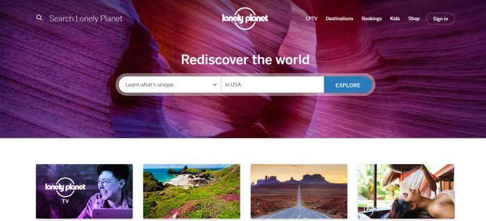 This screenshot of the home page for Lonely Planet has white text and a white and blue search window overlaying a photo of a slot canyon with purplish rocks, above a row of smaller photos showing smiling people, a seascape, and a dessert landscape.