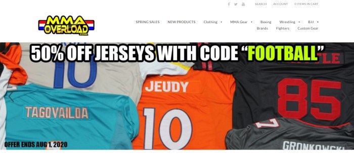 This screenshot for the home page of MMA Overload has a white header and navigation bar with a colorful yellow, red, white, and blue logo above a large photo containing several colors of bright tee shirts behind white and green text announcing a tee shirt sale.