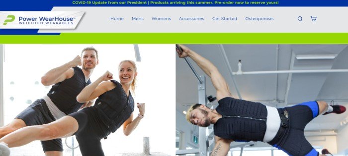 This screenshot of the home page for Power WearHouse has a blue header, a white navigation bar with blue text, a green bar, and a photo on the left with a smiling man and woman in weighted vests and shorts kicking to the side, and a photo on the right of a man exercising in a weighted vest.