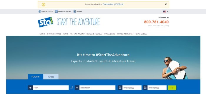 This screenshot of the home page for STA Travel has a white header and background, a gray support bar, a photo of a sky with a smiling woman with a surf board standing on the right side of the page, white text, and a blue search bar at the bottom of the page.