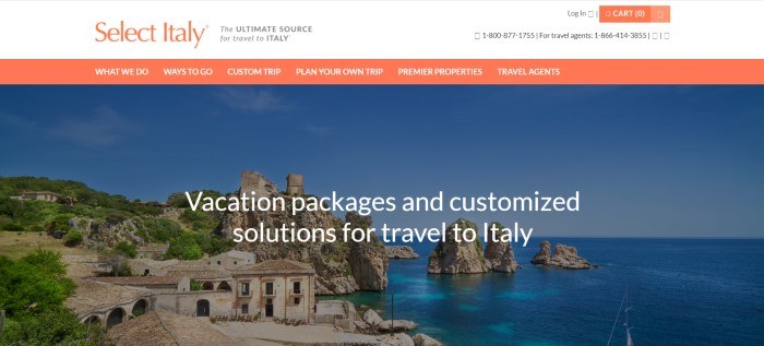 This screenshot of the home page for Select Italy has a white header with orange and black text, an orange call to action button, and a large photo of a seaside village behind white text.