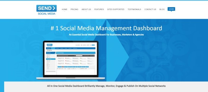 This screenshot of the home page for Send Social Media has a white navigation bar with a blue logo above a blue main section with white text, an insert of a laptop with social media data on the screen, and a gray section with black text at the bottom of the page.