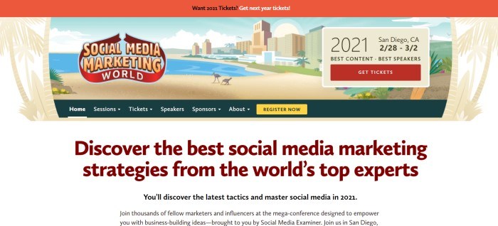 This screenshot of the homage page for Social Media Marketing World has an orange header above a graphics section showing a city scape and a beach in beige, blue, and green, along with a black navigation bar with white text, a yellow call to action button, and a white main section with text in burgundy and black.