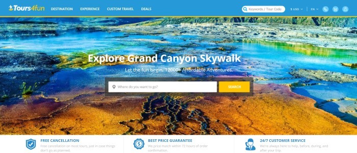 This screenshot of the home page for Tours4Fun has a blue header with white and yellow text, a photo of a hot springs with yellow, green, and blue colors, white text, and a white and yellow search window in the center of the page.