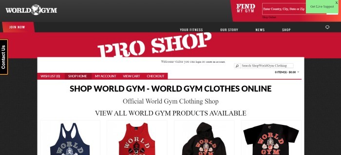 This screenshot of the home page for Shop World Gym has black, red, and white sections of background, along with text in white and black, a white logo, and a row of photos of men's tank tops, hoodies, and tee shirts in black, red, and blue, all with the World Gym logo printed on the front.