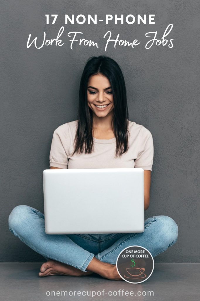 woman sitting on the floor while working on her laptop, with text at the top "17 Non-Phone Work From Home Jobs"