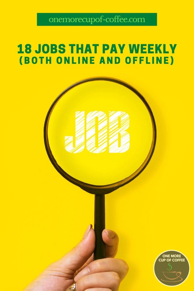 hand holding a magnifying glass to the word 'JOB' against a yellow background, with text overlay 