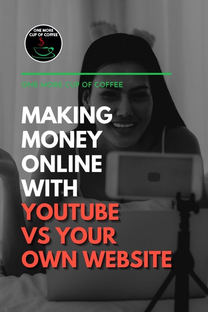 black and white image of a woman talking in front of her laptop and smart phone, with text overlay "Making Money Online With YouTube VS Your Own Website"