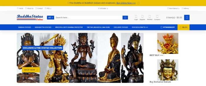 This screenshot of the home page for Buddha Statue Online has a gold header, a white search bar, a blue navigation section, and a row of photos of different statues.