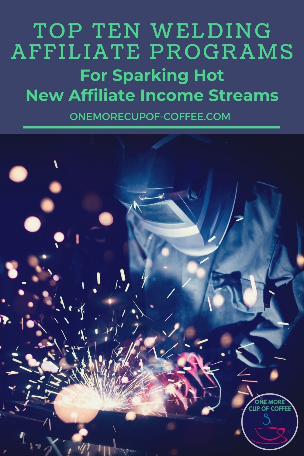 welder with complete gear at work, with text at the top "Top Ten Welding Affiliate Programs For Sparking Hot New Affiliate Income Streams"