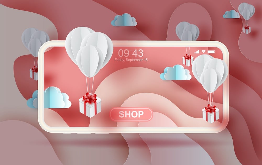 ecommerce concept image with red and white packages on smartphone