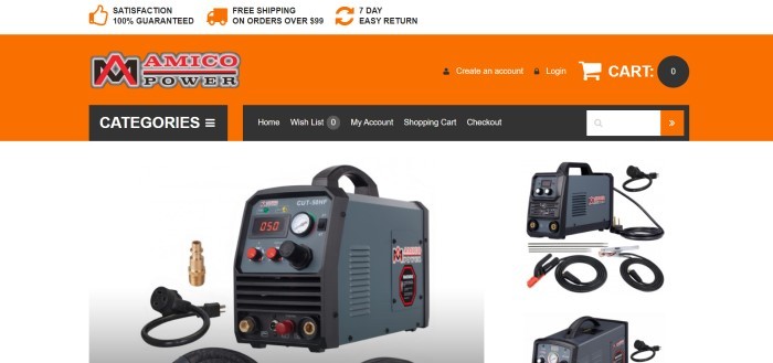 This screenshot of the home page for Amico Power has a white announcement bar, an orange and black header and navigation bar, and a white main section with photos of three types of welding equipment in gray and black.