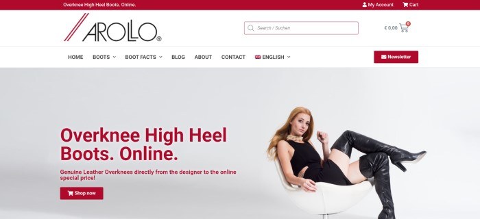 This screenshot of the home page for Arollo has a red header, a white search bar and navigation bar, a photo on the right side of the page of a red-haired woman in a black crop top, black miniskirt, pearl necklace, and black thigh boots sitting in a white chair, and red text with a red call to action button on the left side of the page.