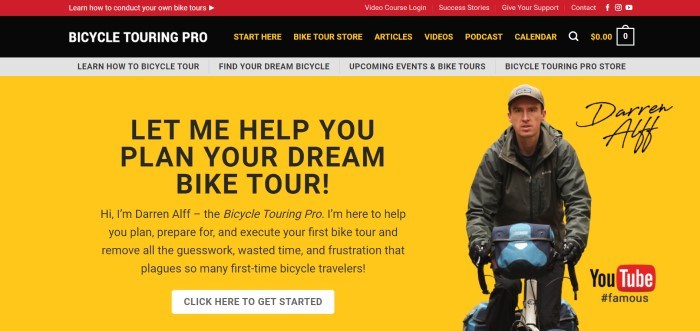 This screenshot of the home page for Bicycle Touring Pro has a red header, a black navigation bar with white and yellow text, a gray secondary navigation bar with black text, and a main section with a yellow background, black text and a white call to action button on the left side of the page, and a photo of a young man in a brown cap and jacket riding on a bike with a blue bag across the handlebars.