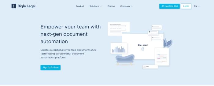 This screenshot of the home page for Bigle Legal has a pale blue background with a darker blue call to action button in the transparent header, black text in the navigation bar and on the left side of the page, another blue call to action button, and white and gray graphics depicting Bigle Legal software on the right side of the page.